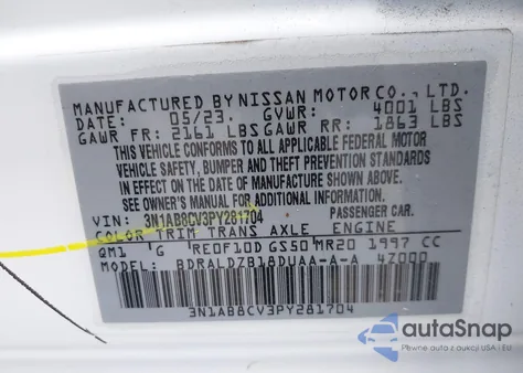 2023 Nissan Sentra Sv Xtronic Cvt from USA, damaged, VIN 3N1AB8CV3PY281704